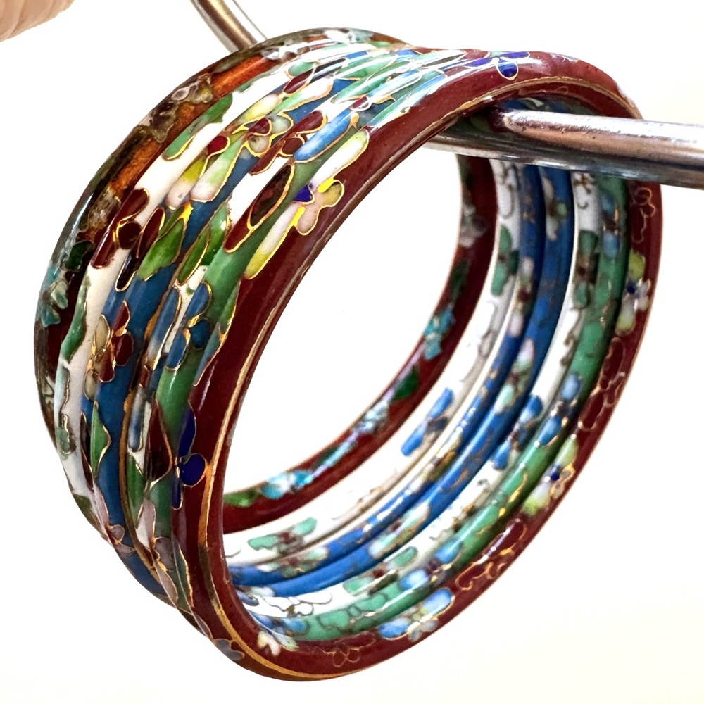 Vtg Set Of 7 Cloisonne Bangle Bracelets Asian Floral - Picture 7 of 10
